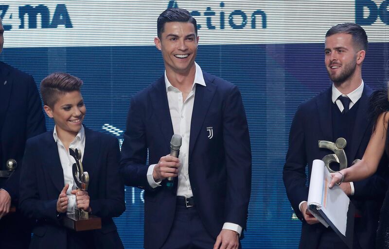 Cristiano Ronaldo gives a speech after being named Best Player at the Gran Gala del Calcio 2019 ceremony. AP Photo
