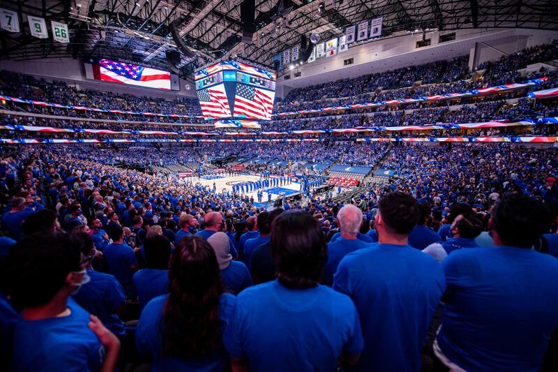 Players and fans stand for the national anthem before the NBA Play-off game between the Dallas Mavericks and LA Clippers at the American Airlines Centre in Dallas, Texas on Friday, May 28. Reuters