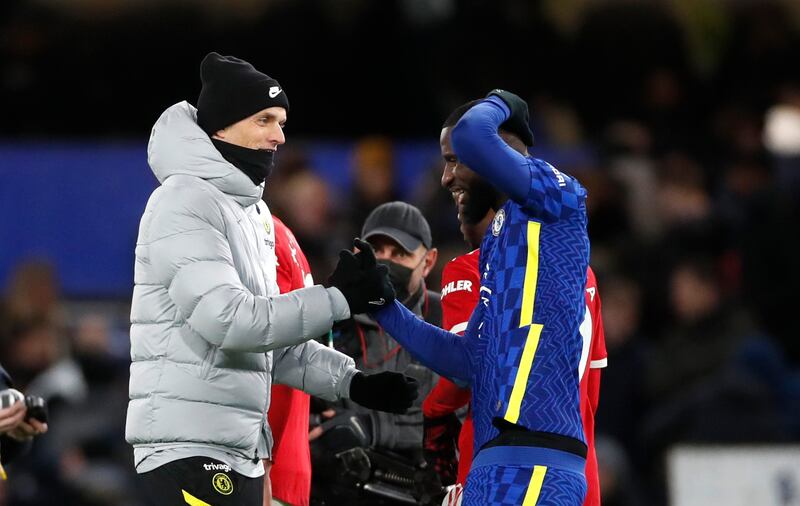 Chelsea manager Thomas Tuchel shakes hands with Antonio Rudiger after the match. Reuters