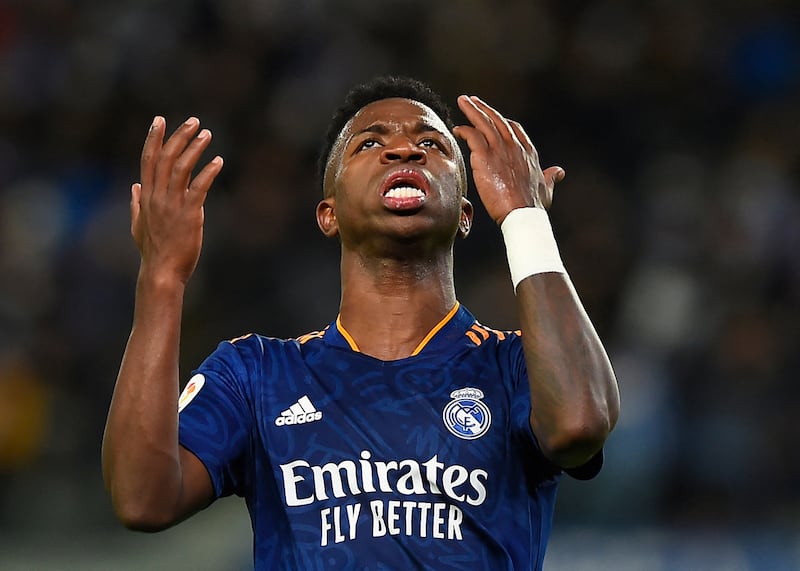 Real Madrid's Brazilian forward Vinicius Junior reacts to missing a goal opportunity during the Spanish La Liga match with Real Sociedad. AFP