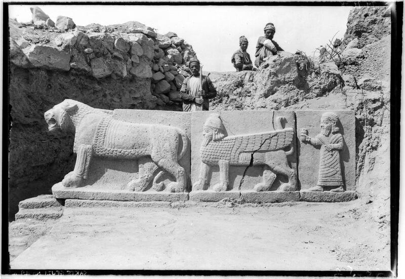 The palace gateway sculptured reliefs and the sphinx column-base. Courtesy The Garstang Museum of Archaeology, University of Liverpool