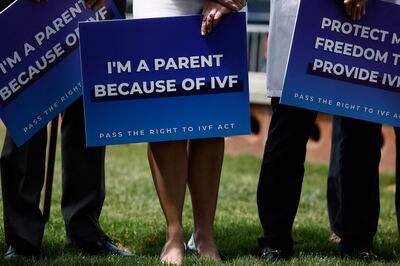 Medical workers and patients at a news conference on access to IVF treatment outside the US Capitol Building on June 12. Getty/AFP