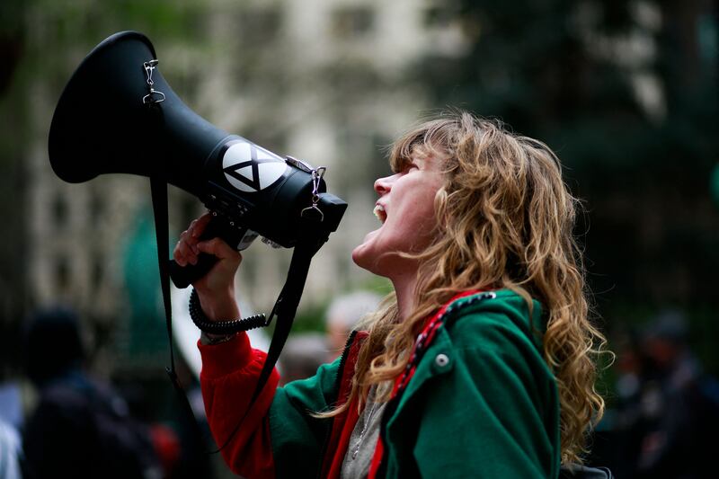 An Extinction Rebellion activist takes part in a protest in New York on Monday held to highlight government inaction on climate change. AFP