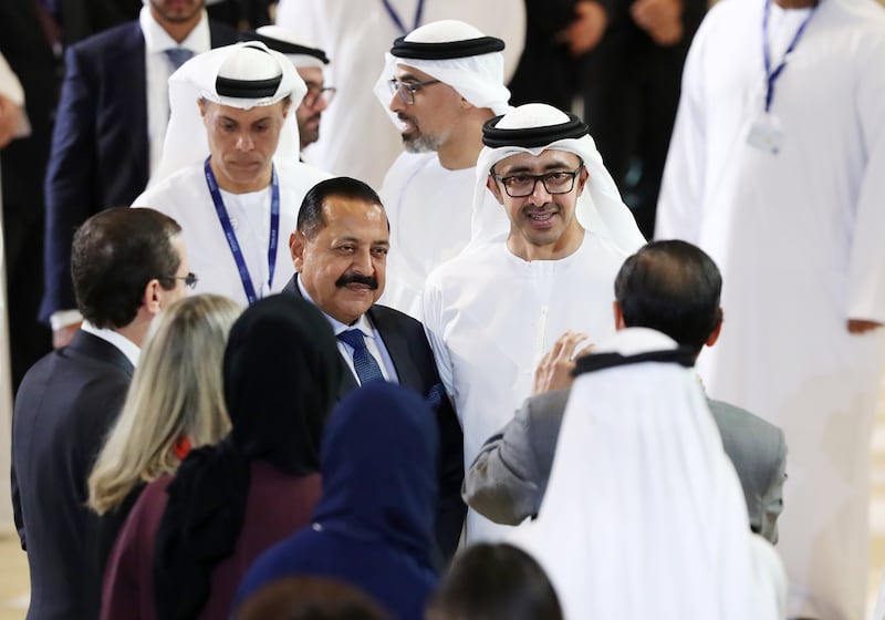 Sheikh Abdullah bin Zayed, Minister of Foreign Affairs and International Co-operation, with India's Minister of State for Science and Technology Dr Jitendra Singh, centre, at the Abu Dhabi Space Debate