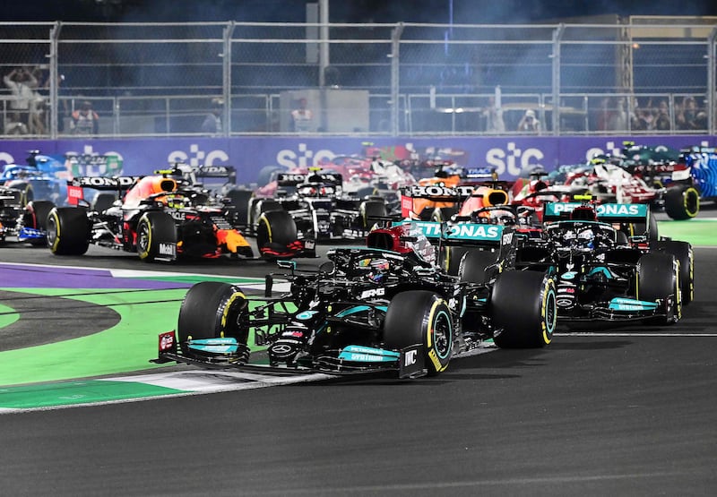 Mercedes driver Lewis Hamilton leads at the start of the race. AFP