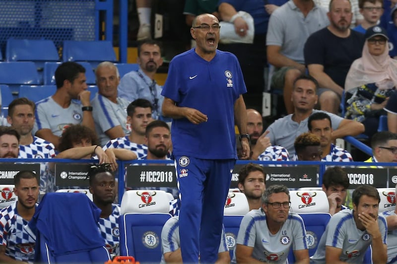 Chelsea's Italian head coach Maurizio Sarri gestures during the International Champions Cup football match between Chelsea and Lyon at Stamford Bridge in London on August 7, 2018. / AFP PHOTO / Ian KINGTON
