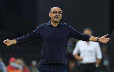 UDINE, ITALY - JULY 23: Maurizio Sarri head coach of Juventus reacts during the Serie A match between Udinese Calcio and Juventus at Stadio Friuli on July 23, 2020 in Udine, Italy. (Photo by Alessandro Sabattini/Getty Images)