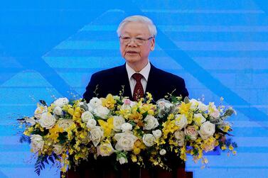 Vietnam's President and Communist Party's General Secretary Nguyen Phu Trong delivers a speech during the opening ceremony of the 37th Association of Southeast Asian Nations (Asean) in Hanoi, Vietnam, November 12, 2020. EPA