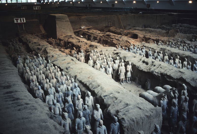 The excavated Terracotta Army in the tomb of China's first emperor, Qin Shi Huang, in October 1986. The tomb was first discovered in 1974 and a remaining treasure has yet to be uncovered. Getty
