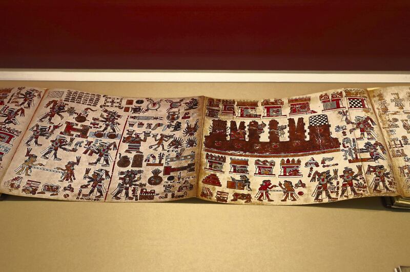 ABU DHABI ,  UNITED ARAB EMIRATES , May 13 – 2019 :- Ancient Mexican artefacts called Codices of Mexico: The Old Books of the New World on display at Qasr Al Watan Library in Abu Dhabi. This one is Codex Vindobonensis Mexicanus , Facsimile of the original , Deer parchment and natural pigments. ( Pawan Singh / The National ) For Arts & Life. Story by Katy Gillett