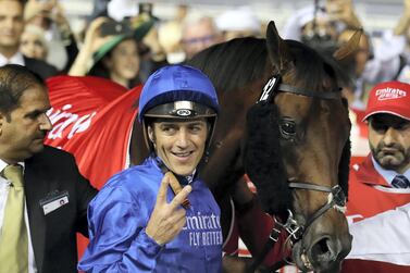 Thunder Snow and jockey Christophe Soumillon are now two-time winners of the Dubai World Cup. Chris Whiteoak / The National