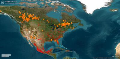 Active wildfires in the US and Canada Photo: Fire Information for Resource Management System US/Canada