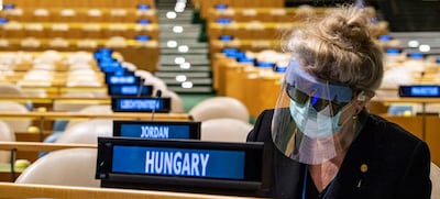 Hungary's UN Representative prepares her ballot during the June election for the 75th president. UN photo