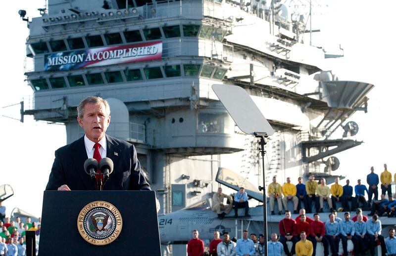 US President George W Bush addresses the nation aboard the nuclear aircraft carrier USS Abraham Lincoln on May 1, 2003. Mr Bush declared that major fighting was over in Iraq, calling it "one victory in a war on terror". AFP