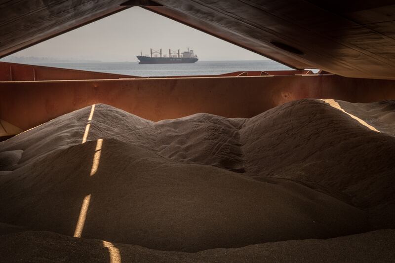 Piles of grain aboard the 'Osprey S' vessel during an inspection by a team of officials from Turkey, Ukraine, Russia and the UN, in Istanbul. The ship left the Ukrainian port of Chornomorsk on Tuesday carrying 11,500 tonnes of grain. Getty
