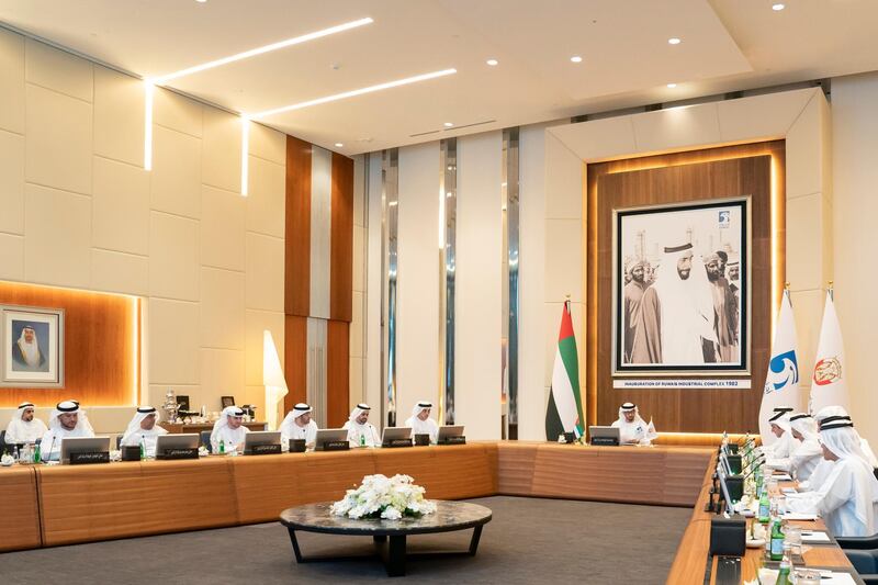 ABU DHABI, UNITED ARAB EMIRATES - November 04, 2019: HH Sheikh Mohamed bin Zayed Al Nahyan, Crown Prince of Abu Dhabi and Deputy Supreme Commander of the UAE Armed Forces (7th L) chairs a Supreme Petroleum Council meeting at the Abu Dhabi National Oil Company (ADNOC) Headquarters. Seen with HE Awaidha Murshed Al Murar, Chairman of the Department of Energy and Abu Dhabi Executive Council Member (L), HE Jassem Mohamed Bu Ataba Al Zaabi, Chairman of Abu Dhabi Executive Office and Abu Dhabi Executive Council Member (2nd R), HE Dr Ahmed Mubarak Al Mazrouei, Secretary General of the Abu Dhabi Executive Council (3rd R), HE Dr Sultan Ahmed Al Jaber, UAE Minister of State, Chairman of Masdar and CEO of ADNOC Group (4th R), HH Sheikh Theyab bin Mohamed bin Zayed Al Nahyan, Abu Dhabi Executive Council member and Chairman of the Abu Dhabi Crown Prince Court (CPC) (5th R) and HH Sheikh Mansour bin Zayed Al Nahyan, UAE Deputy Prime Minister and Minister of Presidential Affairs (6th R).

( Mohamed Al Hammadi / Ministry of Presidential Affairs )
---