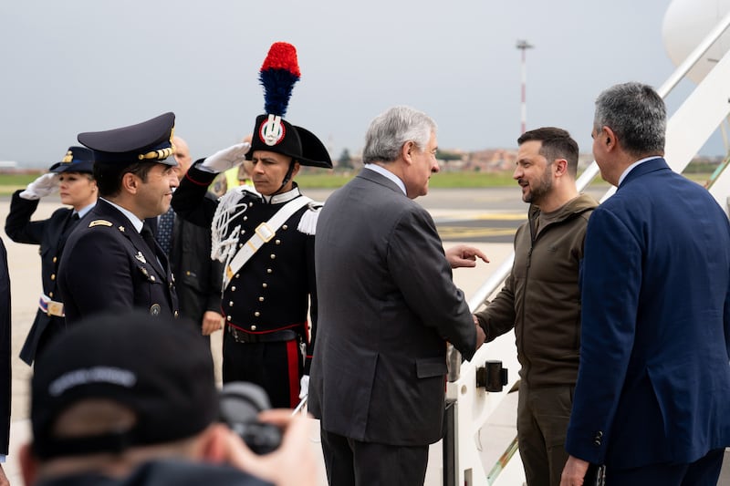 Italian Foreign Minister Antonio Tajani welcomes Mr Zelenskyy. EPA