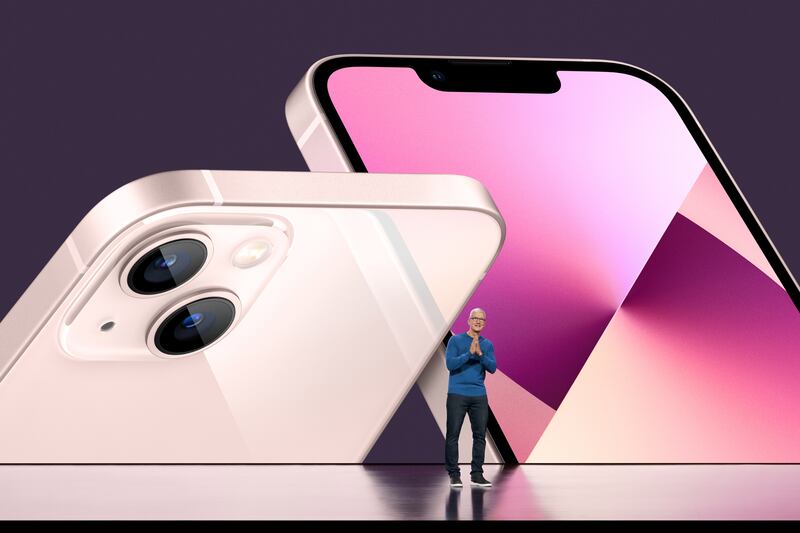 Apple CEO Tim Cook unveiling the new iPhone 13. Courtesy Apple