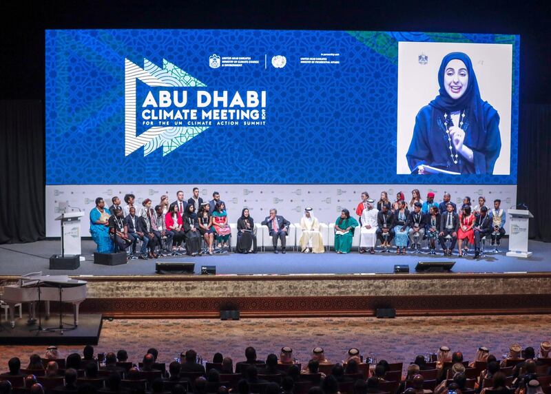 Abu Dhabi, United Arab Emirates, June 30, 2019.   Abu Dhabi Climate Meeting at the Emirates Palace.-- Minister of State for Houth, H.E. Shamma Al Mazrui with World Youth representatives talk to 
His Excellency Dr. Thani bin Ahmed Al Zeyoudi, Minister of Climate Change and Environment and António Guterres, Secretary General of the United Nations
on stage regarding climate change.
Section:  NA
Reporter:  John Dennehy