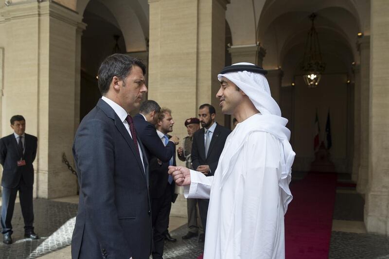 Italian Prime Minister Matteo Renzi with Sheikh Abdullah bin Zayed after a lunch reception at Palazzo Chigi. Mohamed Al Hammadi / Crown Prince Court - Abu Dhabi