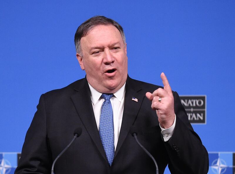 US Secretary of State, Mike Pompeo  talks during a press conference after a NATO Foreign Ministers meeting at the NATO headquarters in Brussels on December 4, 2018.  / AFP / JOHN THYS
