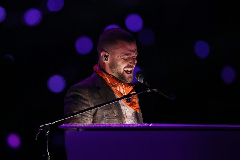 Feb 4, 2018; Minneapolis, MN, USA; Justin Timberlake performs during half time in Super Bowl LII between the New England Patriots and the Philadelphia Eagles at U.S. Bank Stadium. Mandatory Credit: John David Mercer-USA TODAY Sports