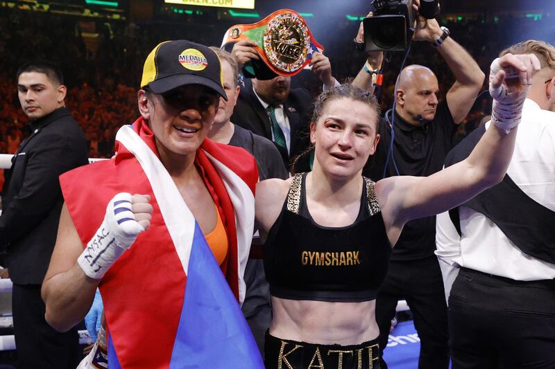 Katie Taylor and Amanda Serrano together after their fight at Madison Square Garden. Getty
