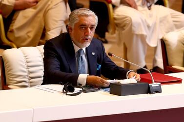 Chairman of the Afghan High Council for National Reconciliation Abdullah Abdullah speaks at the opening of peace talks between the Afghan government and Taliban insurgents in Doha, Qatar on September 12, 2020. Reuters