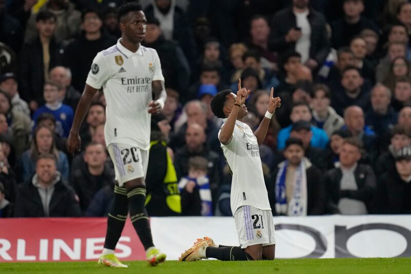Real Madrid's Rodrygo celebrates after scoring the opening goal. AP 