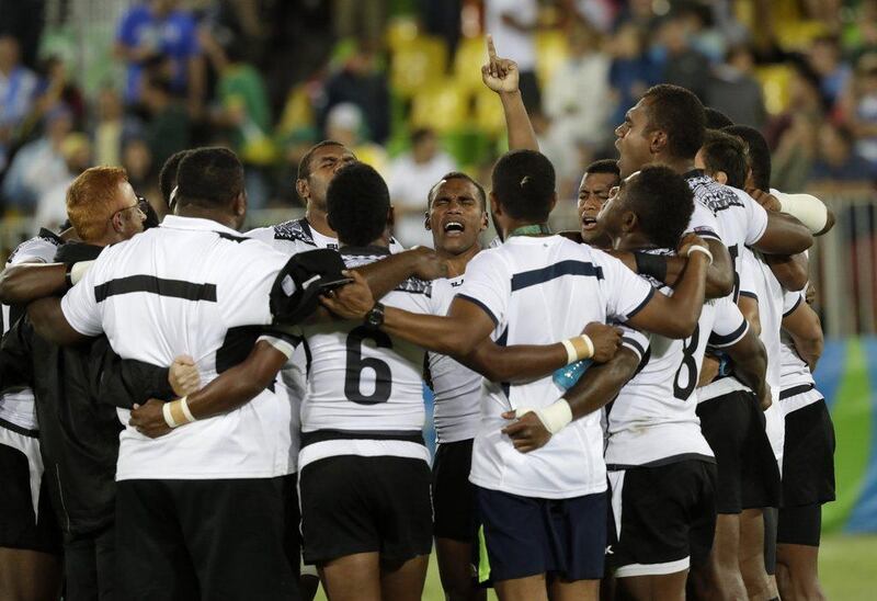 Fiji celebrate their gold medal in rugby sevens at the Rio 2016 Olympics on Thursday night. Robert F Bukaty / AP Photo / August 11, 2016