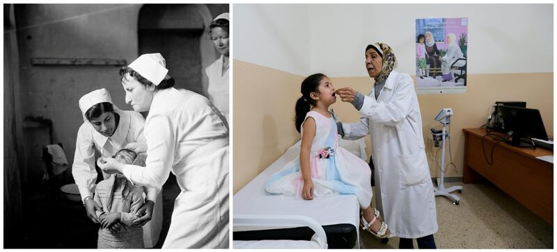 A combination picture shows nurses treating a child at a UNRWA health centre for Palestinian refugees in Beirut, Lebanon, in this handout picture believed to be taken in 1952. UNRWA/Handout via REUTERS (L) and a Palestinian refugee girl receives a vaccination at a UNRWA clinic at Burj al-Barajneh refugee camp in Beirut, Lebanon, June 23, 2019. REUTERS/Aziz Taher  ATTENTION EDITORS - THIS IMAGE WAS PROVIDED BY A THIRD PARTY. NO RESALES. NO ARCHIVES SEARCH "UNRWA COMBOS" FOR THIS STORY. SEARCH "WIDER IMAGE" FOR ALL STORIES.