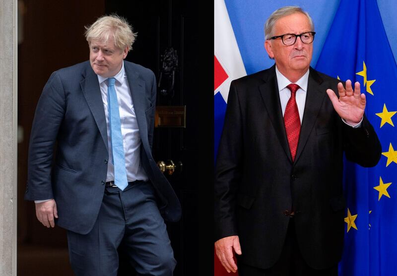 Boris Johnson, UK Prime Minister, left, and Jean-Claude Juncker, the EU Commission President, say a Brexit deal has been reached. Images: AFP / Reuters