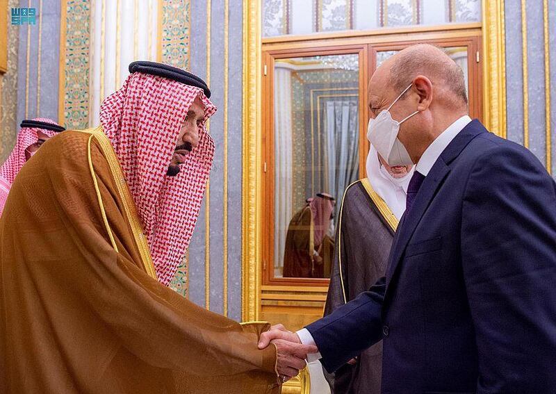 Saudi Arabia's King Salman greets Gen Rashad Al Alimi, the chairman of Yemen’s new Presidential Leadership Council, right, in Jeddah on Thursday. Photos: SPA