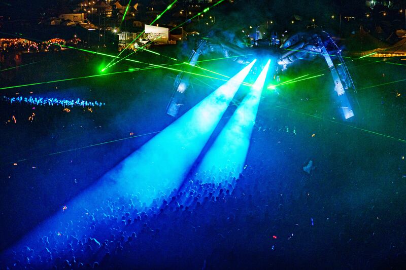 Thousands of revellers watch Groove Armada from beneath a 50-tonne laser spewing and fire breathing spider, at Arcadia, during the Glastonbury Festival at Worthy Farm in Somerset. PA Images