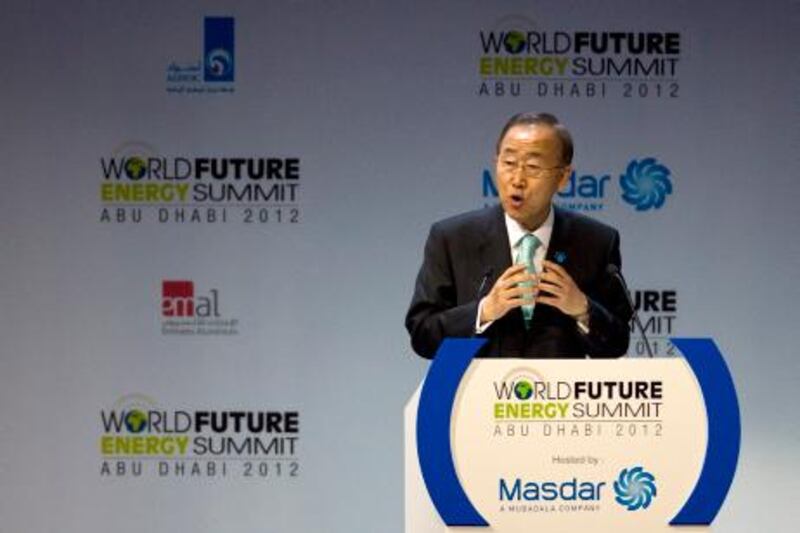 United Nations Secretary-General Ban Ki Moon speaks during the opening ceremony of the World Future Energy Summit at ADNEC in Abu Dhabi on January 16, 2012. Christopher Pike / The National

For story by: Vesela
