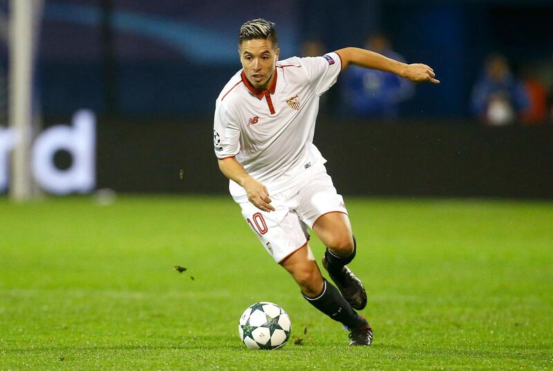 FILE - In this Tuesday, Oct. 18, 2016 file photo, Sevilla's Samir Nasri controls the ball during the Champions League Group H soccer match between Dinamo Zagreb and Sevilla, at the Maksimir stadium in Zagreb, Croatia. Former France midfielder Samir Nasriâ€™s doping ban has been increased from six to 18 months following an appeal from UEFAâ€™s ethics and disciplinary inspector.  (AP Photo/Darko Bandic, File)
