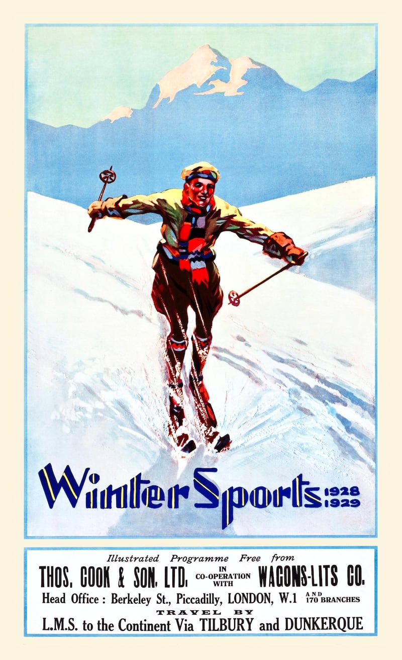 Poster (produced by the Thomas Cook & Son and Wagons-Lits travel agencies) promotes travel to the 'Continent' (from England) for winter sports destinations with an illustration of a downhill skier, 1929. (Photo by Buyenlarge/Getty Images)