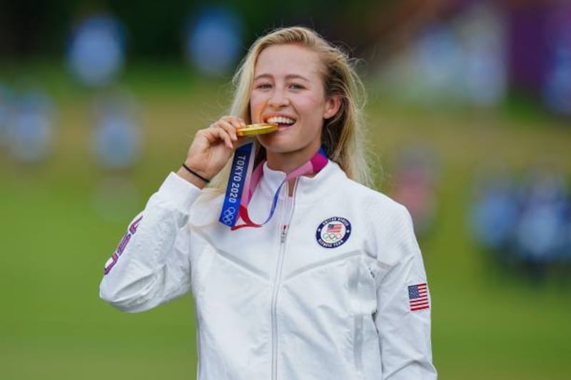 Nelly Korda on the podium after winning gold in the women’s golf event at the Tokyo 2020 Olympic Games.