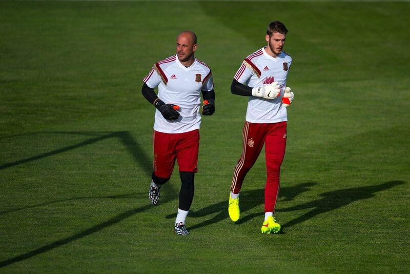 Spain keepers Pepe Reina, left, and David de Gea, right, during Monday's team training session ahead of the 2014 World Cup. David Ramos / Getty Images / May 26, 2014