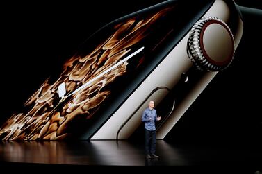 Jeff Williams, Apple's chief operating officer, explaining the Apple Watch Series 4 during its launch in Cupertino. AP