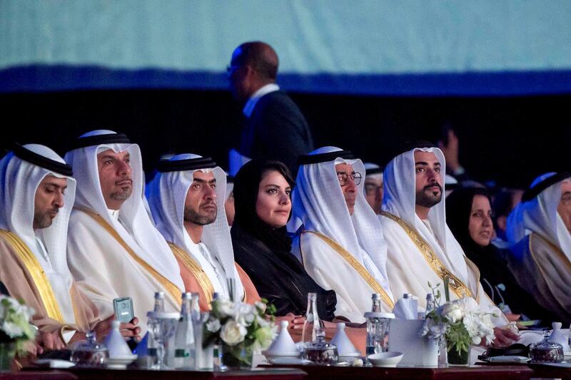 ABU DHABI, UNITED ARAB EMIRATES - January 14, 2019: HH Sheikh Nahyan bin Saif bin Mohamed Al Nahyan (3rd L), HH Sheikh Rashid bin Hamdan bin Mohamed Al Nahyan (5th L), and HH Sheikh Zayed bin Sultan bin Khalifa Al Nahyan (6th L), attend the opening ceremony of the World Future Energy Summit 2019, part of Abu Dhabi Sustainability Week, at Abu Dhabi National Exhibition Centre (ADNEC).



( Rashed Al Mansoori / Ministry of Presidential Affairs )
---