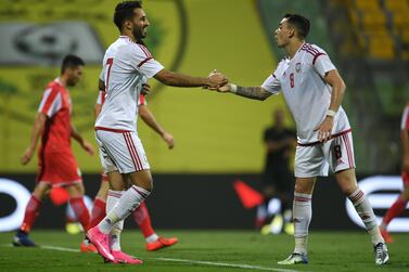 Ali Mabkhout, left, helped UAE defeat Tajikistan in their friendly on Thursday. Courtesy UAE FA