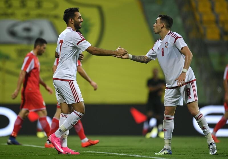 Ali Mabkhout, left, helped UAE defeat Tajikistan in their friendly on Thursday. Courtesy UAE FA