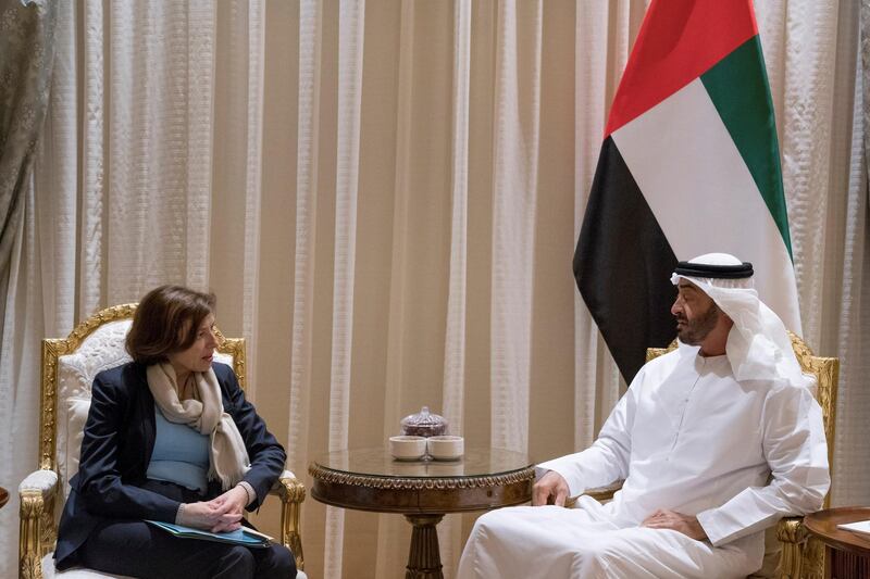 ABU DHABI, UNITED ARAB EMIRATES - November 23, 2019: HH Sheikh Mohamed bin Zayed Al Nahyan, Crown Prince of Abu Dhabi and Deputy Supreme Commander of the UAE Armed Forces (R), meets with HE Florence Barley, Minister of the Armed Forces of France (L), at Al Shati Palace.

( Hamad Al Kaabi / Ministry of Presidential Affairs )​
---