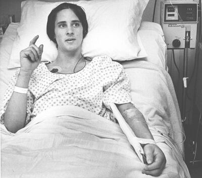 This is Jan. 1982 photo of lost ice climber Hugh Herr in the Littleton, N.H., hospital after spending four days lost on Mount Washington. Twenty years later Herr recalls his ordeal and the death of Albert Dow who died in an avalanche looking for him and his companion Jeff Batzer. (AP Photo/Jim Cole)