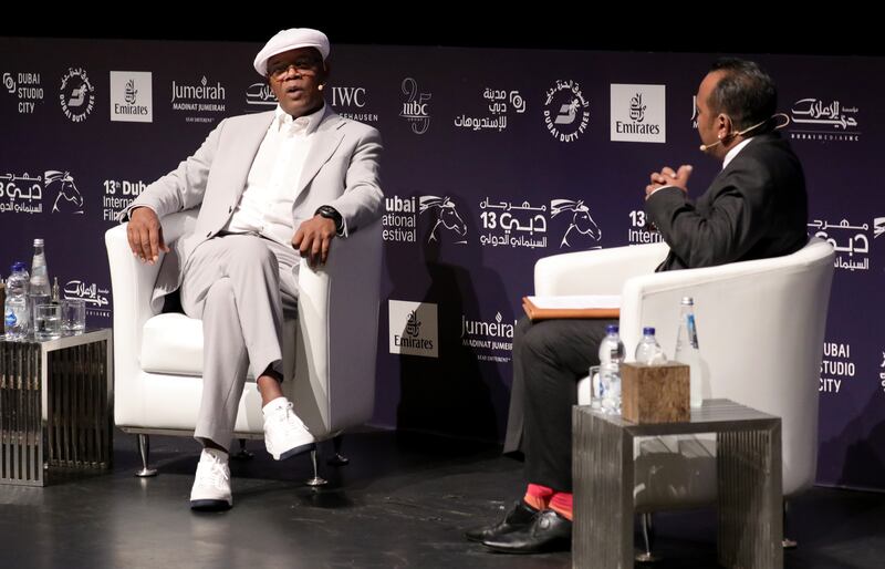 Samuel L Jackson with moderator Nashen Moodley at the 13th annual Dubai International Film Festival in 2016. Getty Images