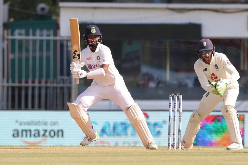 Cheteshwar Pujara of India plays a shot during day three of the first test match between India and England held at the Chidambaram Stadium stadium in Chennai, Tamil Nadu, India on the 7th February 2021

Photo by Pankaj Nangia/ Sportzpics for BCCI
