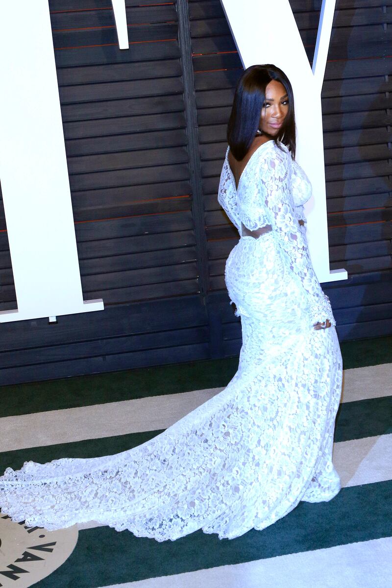 Serena Williams, in off-white Galia Lahav, arrives for the Vanity Fair Oscars After-Party following the 88th annual Academy Awards ceremony in Hollywood, California on February 28, 2016. EPA