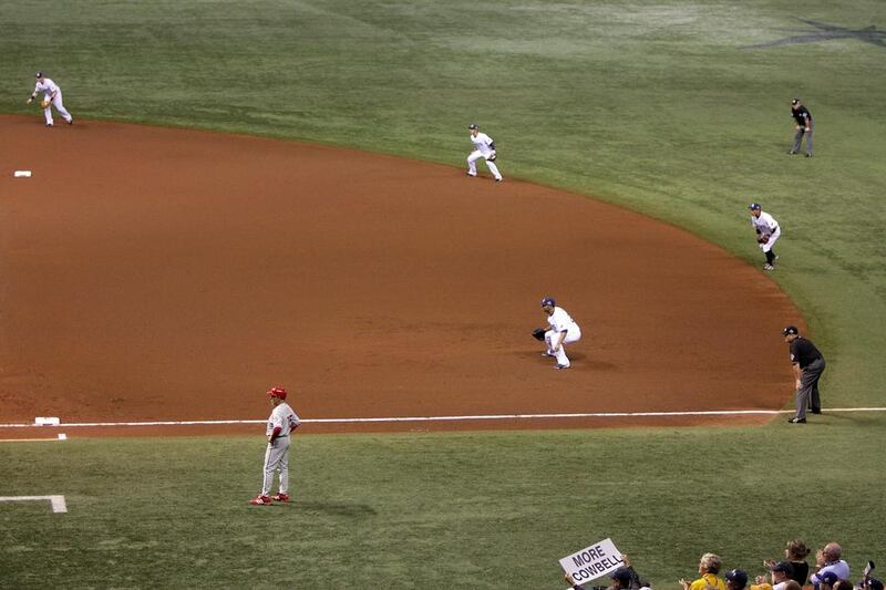 The Tampa Bay Rays play an infield shift on defence against Philadelphia Phillies in an October 23, 2008 game. Doug Pensinger / Getty Images