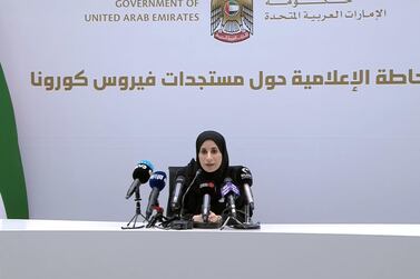 Dr Farida Al Hosani, spokeswoman for the Ministry of Health, holds a briefing on the state of coronavirus in the UAE. Courtesy Dubai One